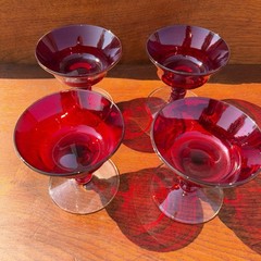 Vintage Ruby Red Glass Wine Goblets, Sherbert Glasses, Flared Red Stem