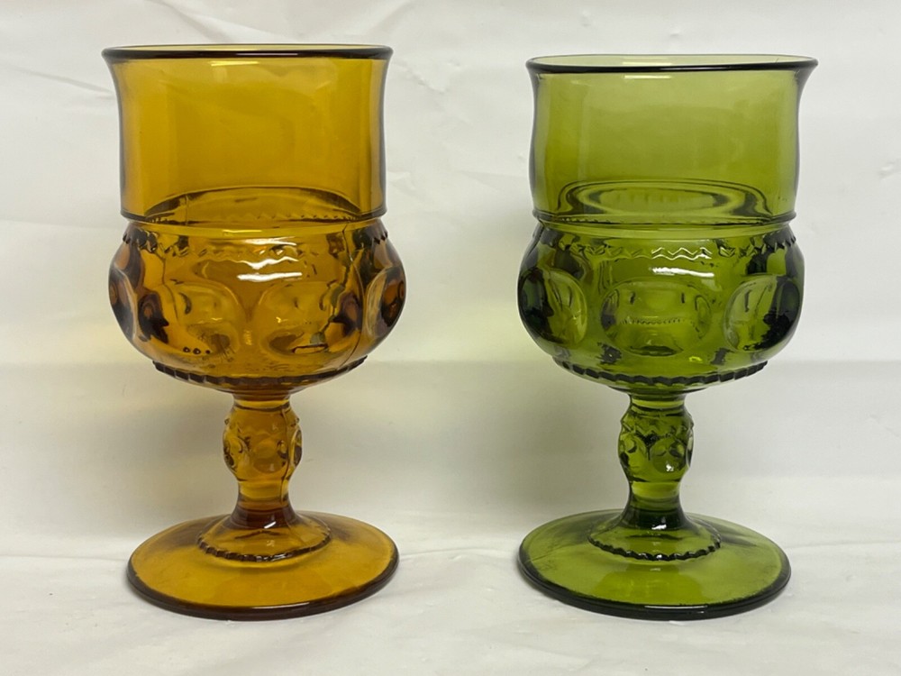2 Vintage Indiana Kings Crown Amber Glass Thumbprint Cocktail Goblet 5 3/4″ tall