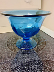 Lovely Gently Ribbed Blue Glass Pedestal Bowl MCM