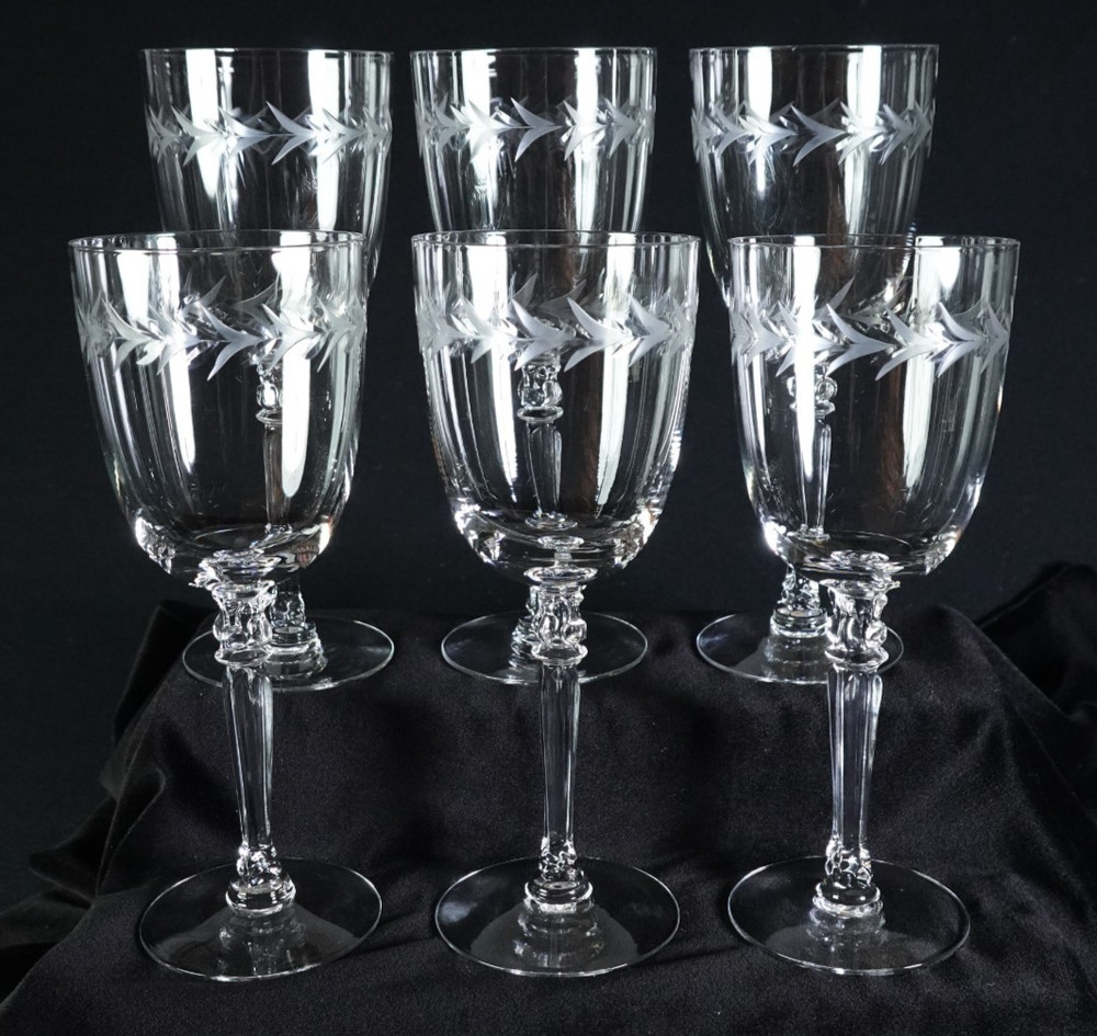 6 Fostoria Holly Clear Stem 6030 Water Goblets Laurel Cut 7 7/8″