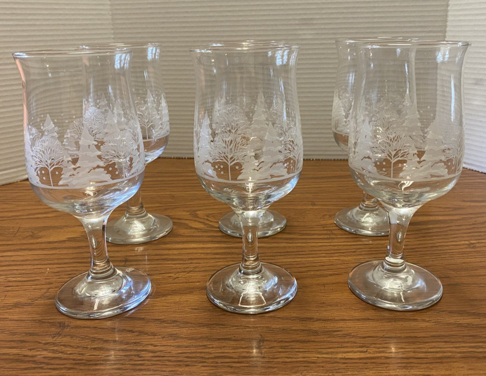 Set of 6 Vtg Libbey’s Arby’s Tulip-shaped White Frosted Pine Tree Goblets – EUC