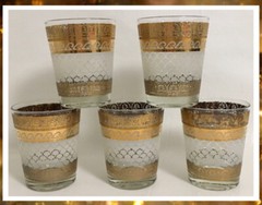 MCM Tumbler/Whiskey 4 1/2″ Glasses-Gold Palmetto/Wave/Fish Scale Design SET OF 5