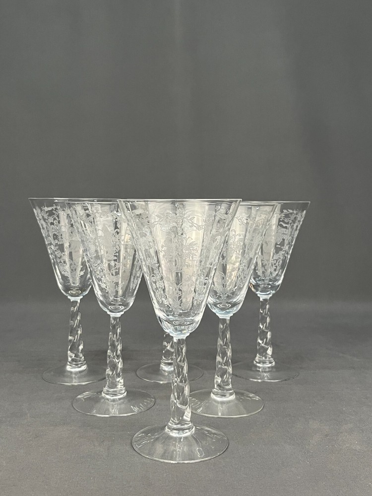 6 Fostoria MAYFLOWER 7 3/8” Water Goblets #6020 Stem Etched Cornucopia: MINT