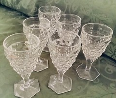 (6) Vintage Fostoria American Hex Footed Stemmed Wine Glasses 6.75”, 10 oz