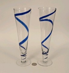 Set 2 Pier 1 BLUE SWIRL SWIRLINE Ribbon Tall Cocktail Champagne Glasses 10 1/8″