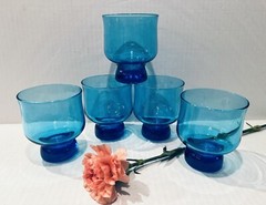 Vtg Footed Anchor Hocking Tivoli Laser Blue Stackable Rocks Glasses 4”~ Set Of 5