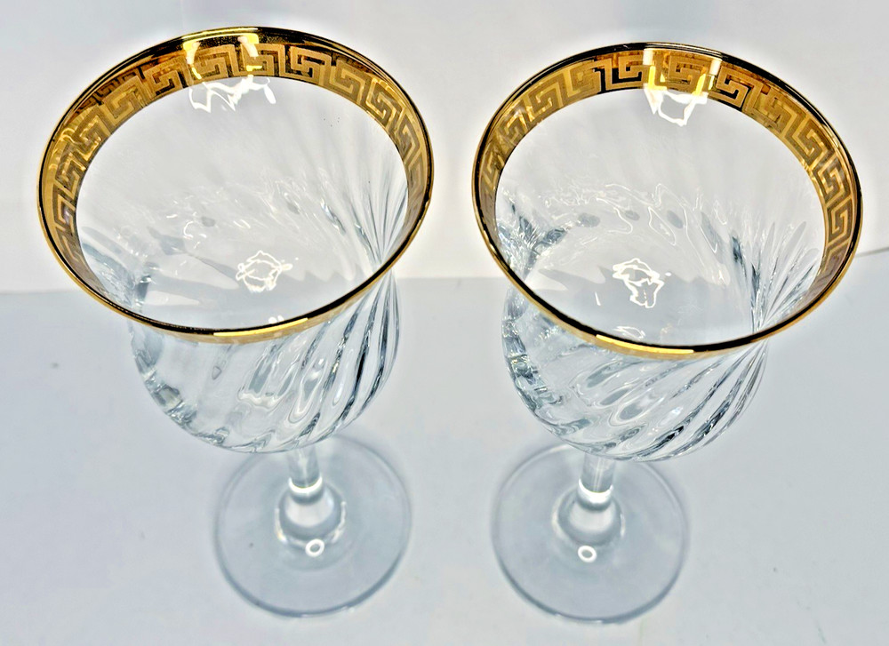 Wine Glasses Italian Gold Gilt Greek Key 7.5″ Crystalleria Fumo T Preziosi Set 2