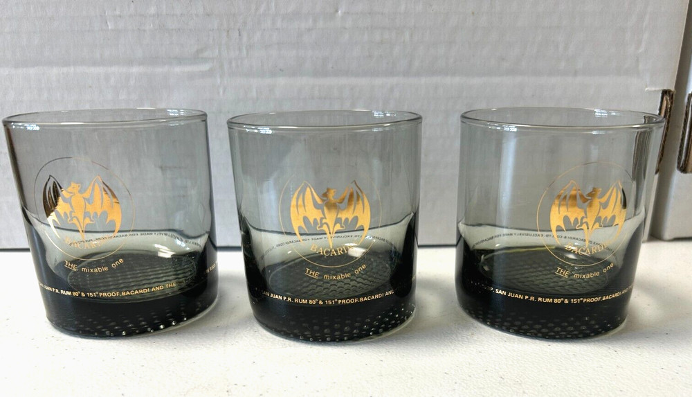 3 Smokey Black Bacardi Rum on the Rocks Old Fashion Tumbler Glasses Barware