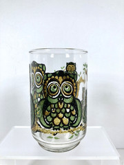 6 Vtg Libbey Owl Family Tumblers Embossed Stained Glass Look Drinking Glasses