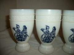 Vintage Milk Glass Drinking Glasses Blue Romantic Couples Rare Set 4 Mid Century
