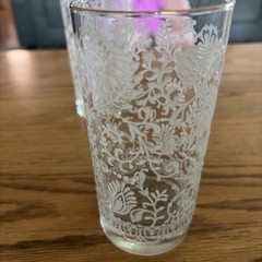 Vintage Libbey Lace Highball glass with white stenciled floral lace and gold rim
