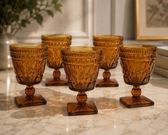 Set of 5 Indiana Colony Glass PARK LANE Amber Square Foot 5.5″ Water Goblets