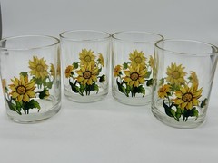 Vtg Sunflower Glasses Tumblers Set Of 4 Drinkware Lowball Cocktail Juice 4” EX