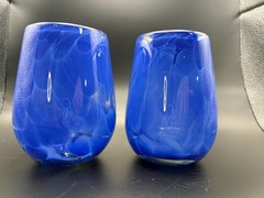 Fritsy Cobalt Blue Stemless Wine Glass Pair Mottled Hand Blown Art – Set of 2