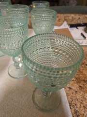 Vintage Style Sage Green Hobnail Beaded Goblets Dbl. Ball Stem Glassware Set (8)