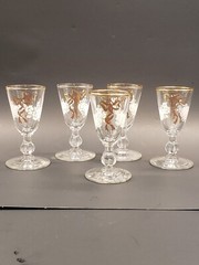 Set of 5 Libbey Rose Classic Gold Ribbon White Rose Cordial Glasses