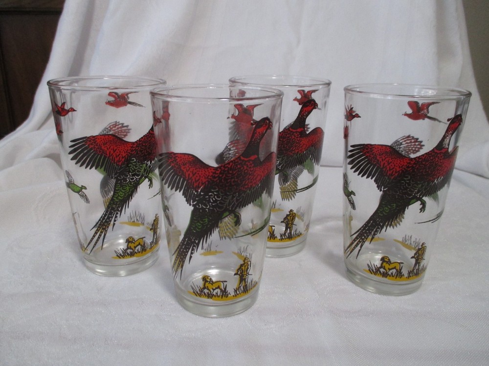 Set of 4~Vtg 1950s Hazel Atlas PHEASANT HUNTING DRINKING GLASSES~5″ Tumblers