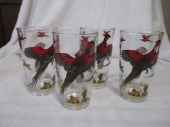 Set of 4~Vtg 1950s Hazel Atlas PHEASANT HUNTING DRINKING GLASSES~5″ Tumblers