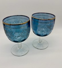 2 Vintage Bartlett Collins Vining Blue Glass Goblets Thumb Print Gold Trim