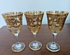 Set of 3 Interglass Italy Crystal Wine Glasses 24 Gold Trim, New