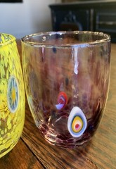 3 HAND BLOWN Murano Style Tumbler Glasses Contemporary Millefiori Design