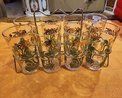 Vintage Mid-century Set of 8 Beautiful Green & Gold 15oz Tumblers w/ Carrier