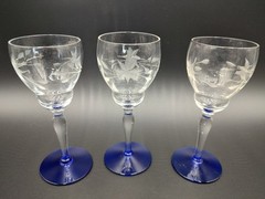 6 Weston Cordial Sherry Glasses Blue Footed 5.5″ Etched Starflower WGL45 Vintage