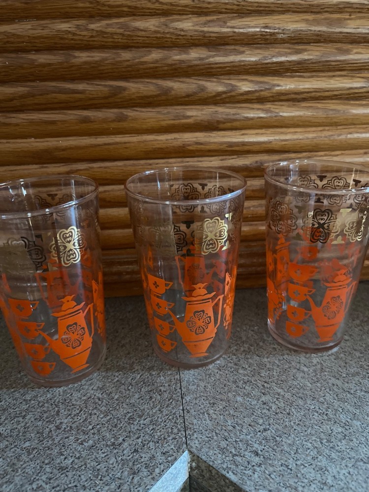 Vintage Orange Coffee Pot Cups Glass Tumbler FIVE DrinkingTableWare MCM Kitchen