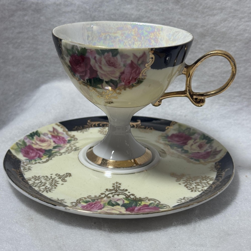 Vintage Shafford Japan Pedestal Teacup & Saucer Set Black Gold Roses Lusterware