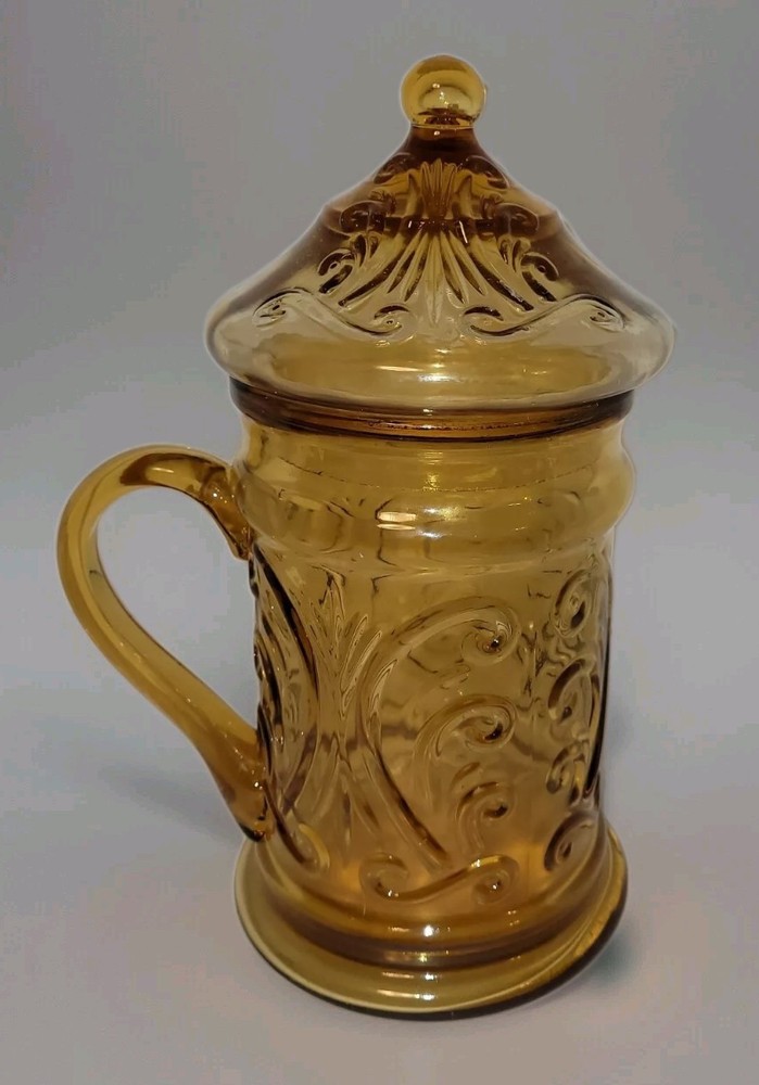 Vtg Empoli Italy GLASS AMBER SCROLL PATTERN BEER Mug Stein Candy Apothecary Jar