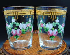 Antique European Crystal Hand Painted Enameled Rose Garland Schnapp Shot Glasses