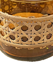 Pair 1970s Amber Juice Drink Blown Glasses w/ Rattan & Wicker CANE Collars 8oz