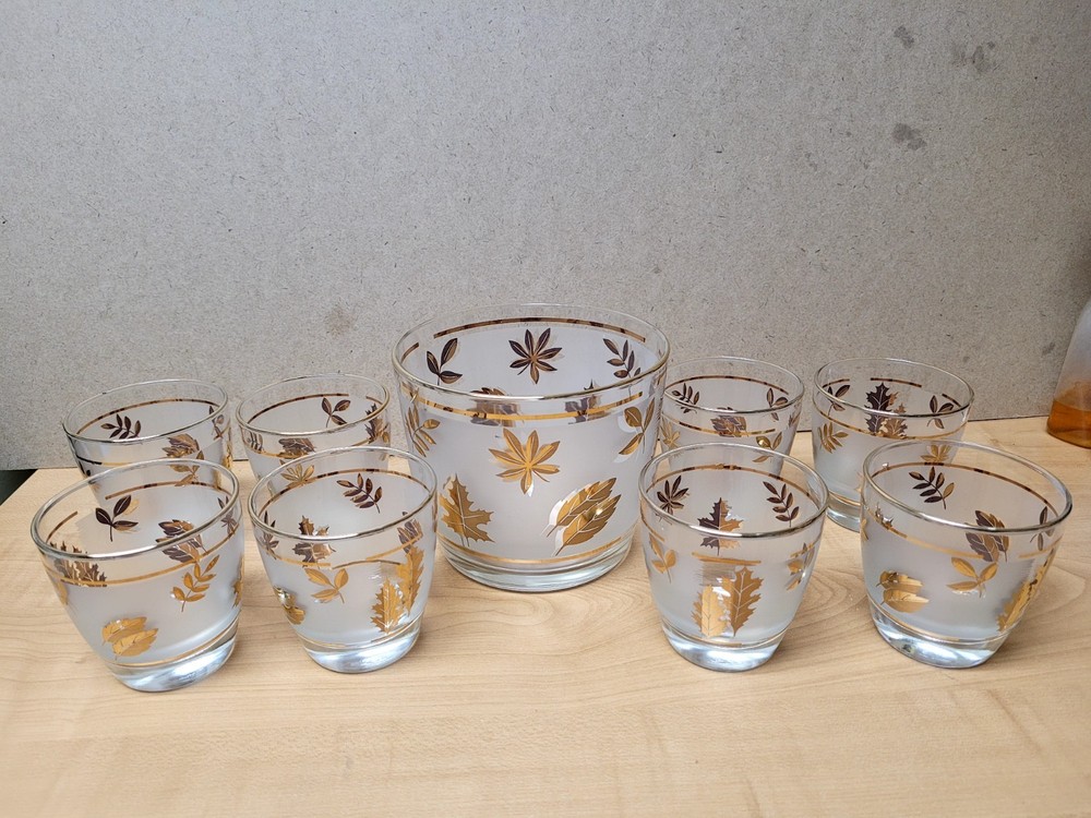Vintage Libbey Golden Foliage Frosted Gold Leaf Barware – 8 Glasses & Ice Bucket