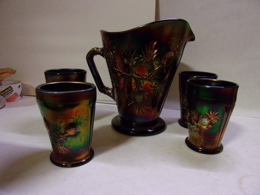 Fenton, Golden Ebony, Stretch/Carnival Glass, 5 Pc. Heavy Pineapple Water Set