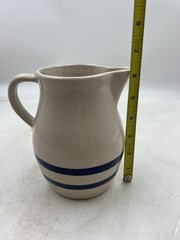 Vintage Robinson Ransbottom Stoneware Pitcher 1 Qt Roseville Ohio USA Blue Strip
