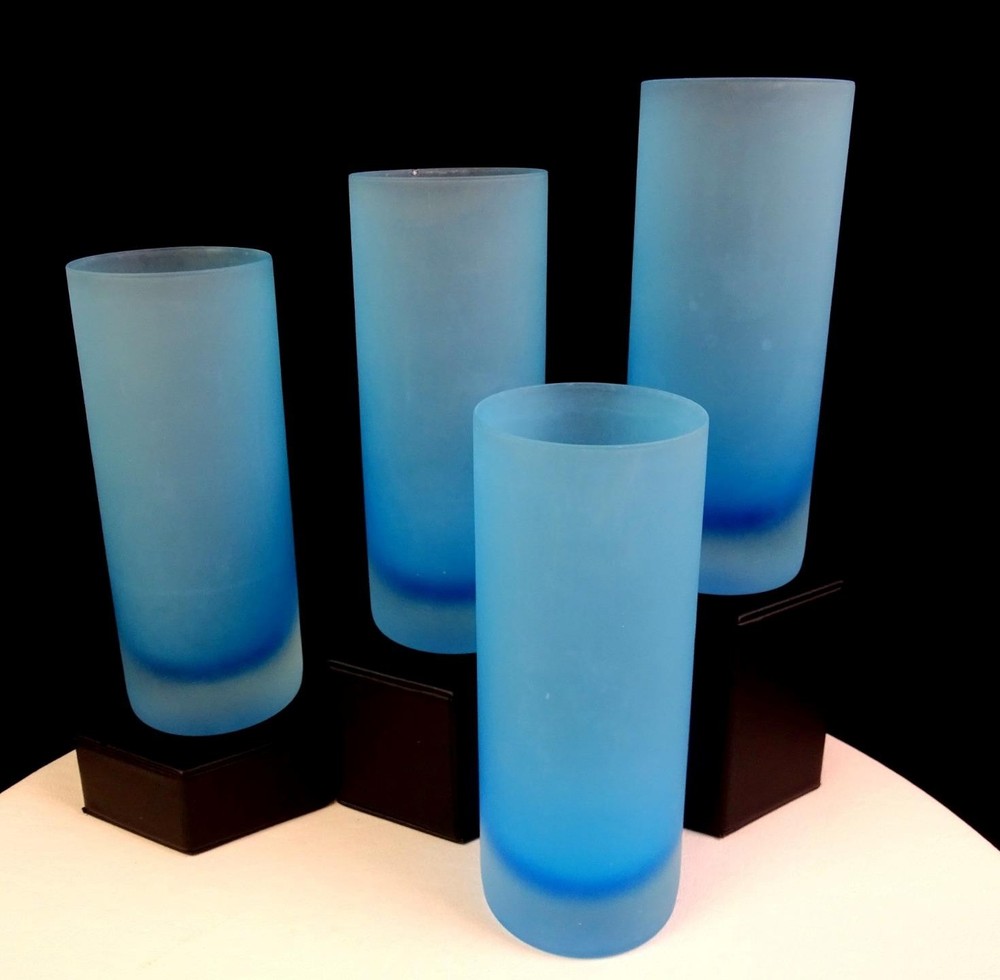 Ombre Art Glass Set Of 4 Blue Satin Frosted 6 1/4″ Highball Collins Glasses 1960