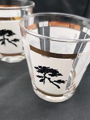 4 Far East Bonsai Tree Whiskey Rocks Glasses MCM Gold Black White Vtg Asian Vibe