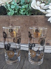 Vintage Libbey Black/Gold Coin Flat Bottom 11oz Drinking Tumblers (2)