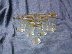 Set of 11 Vintage MCM Gold Rim Juice or Bar Glasses Gold Bands Clear Glass