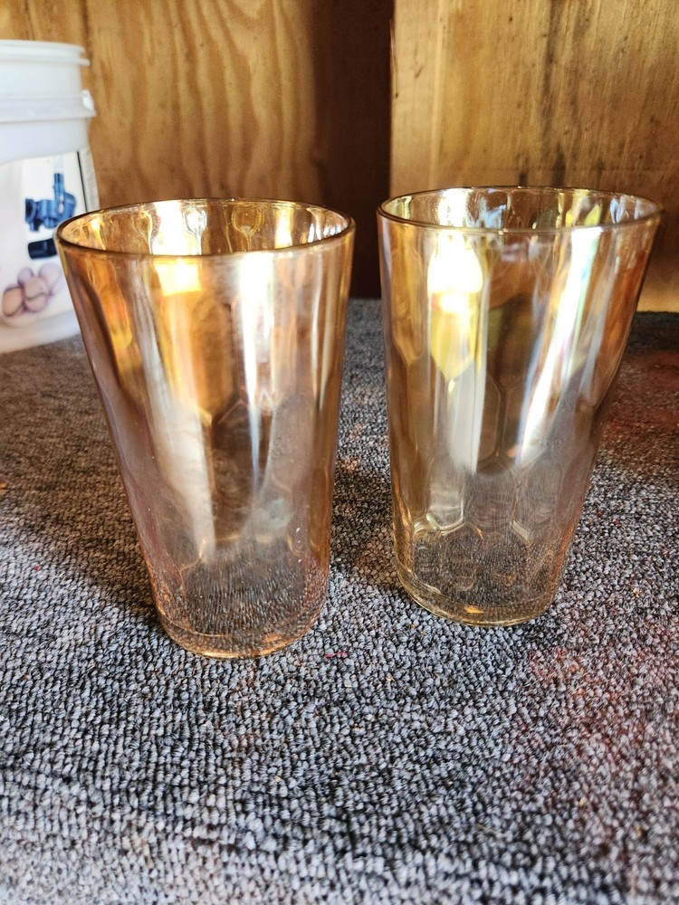 2Vintage Jeanette Hex Optic Iridescent Glass Peach Luster Tumblers Glasses