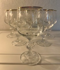 6 Bohemia Crystal Cascade Wine Goblet Etch Glass 22K Rim Czech Elegant Romance
