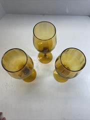 Vintage Italian Empoli Glass Goblets SET OF 3 Water Optic Ribbed Amber 14 Oz.