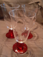 Clear Flower etched bowl with Red Ball Stem & Foot Ice Tea Glasses/ Set of 3