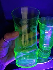 Uranium Glass Tumblers Set 2 Etched Flowers Vaseline UV Reactive Glows 5”