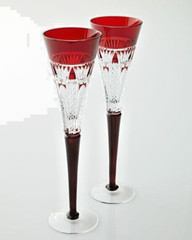 TWO WATERFORD 2015 TIMES SQUARE RUBY RED CUT TO CLEAR CHAMPAGNE FLUTES, MARKED
