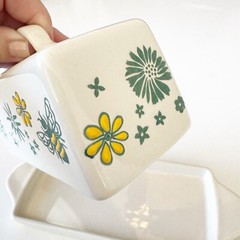 Emma’s By CW Dutch Wax Floral Botanical Butter Dish Hand Painted Yellow Green