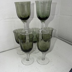 Lot 7 Gorham Crystal Octette Green Gray Wine Glasses Goblets 5 7/8″ Tall
