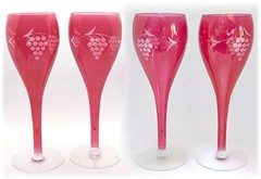 Set of 4 Vintage Cranberry Stain Etched Grape Hollow Stem Champagne Glasses