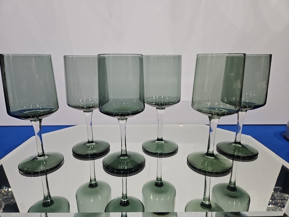 Set (6) Wine Glasses Goblets, Crystal Lenox Signed «Blue Smoke» Gray-blue-green