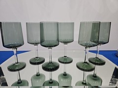 Set (6) Wine Glasses Goblets, Crystal Lenox Signed «Blue Smoke» Gray-blue-green